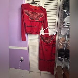 Red Butterfly Streetwear Y2K Top and Skirt Set